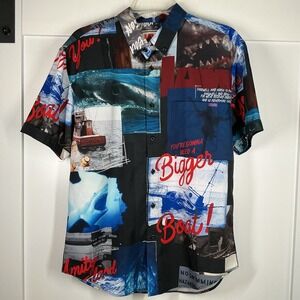 RSVLTS JAWS The Beach Is Closed Mens‎ Medium KUNUFLEX Short Sleeve Button Shirt